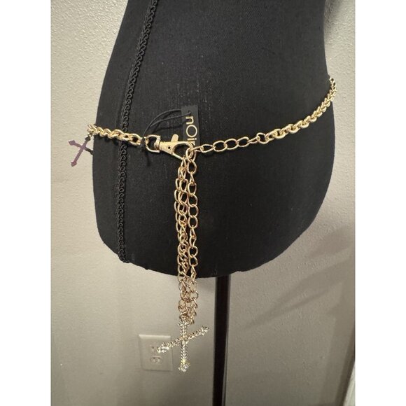 NOIR Belt Long Rope Link Chain CZ Cross Goldtone Adjustable XL Extra Large NEW - Picture 5 of 12